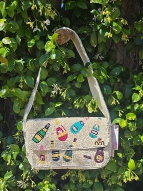 Beaded Champagne Bottle Pattern Cream Shoulder Bag